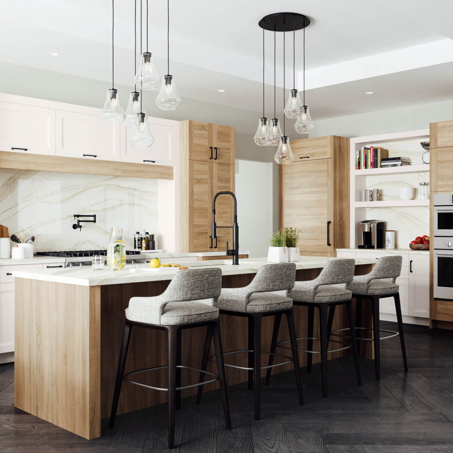 This kitchen is highlighted with a flat panel door style in an off-white painted finish mixed with a slab wood plank door with Lodge Oak texture. The kitchen island offers seating for four and has a kitchen sink that is positioned across from the cooktop.