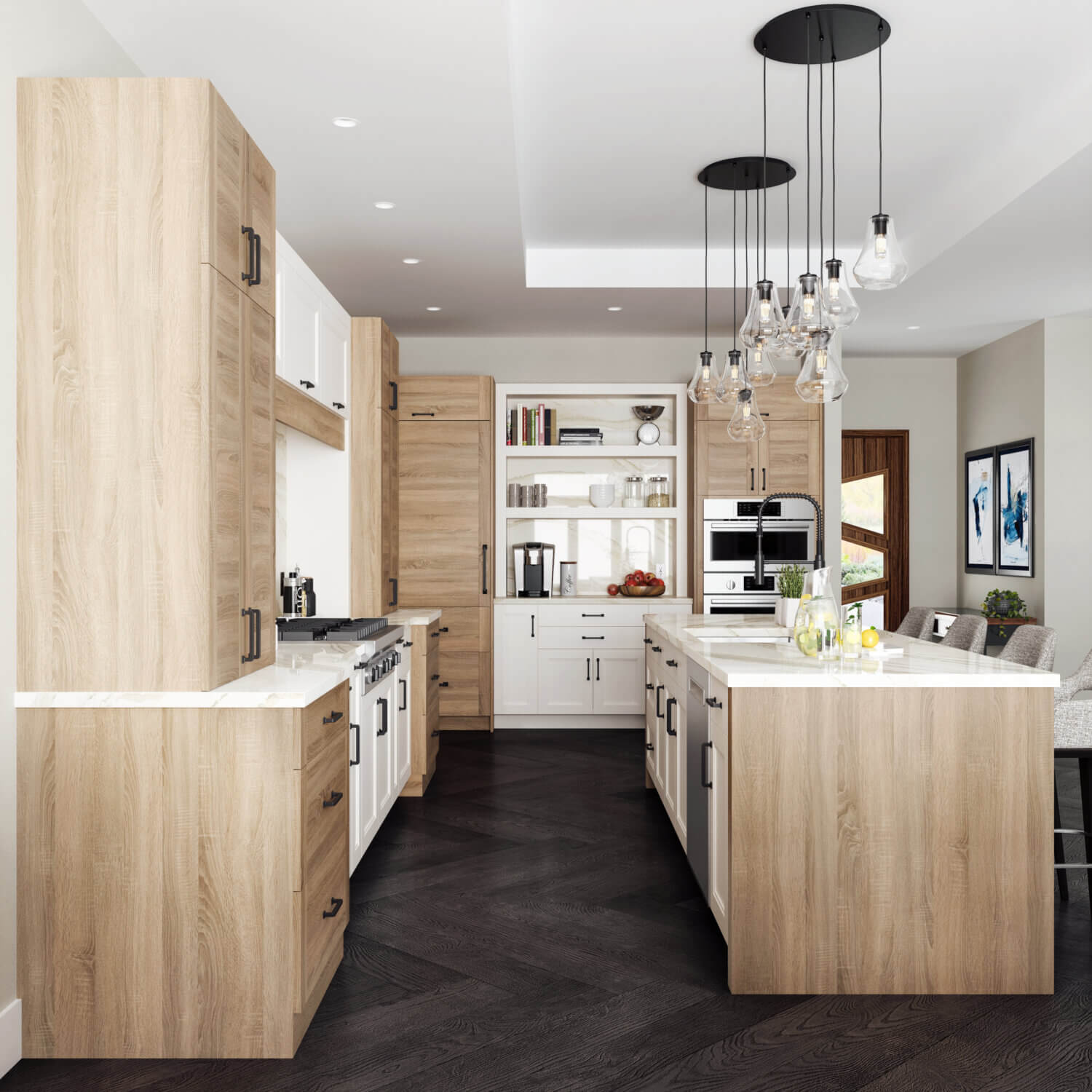 A galley kitchen with a kitchen island and modern scandi styled cabinets.