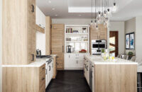 A galley kitchen with a kitchen island and modern scandi styled cabinets.