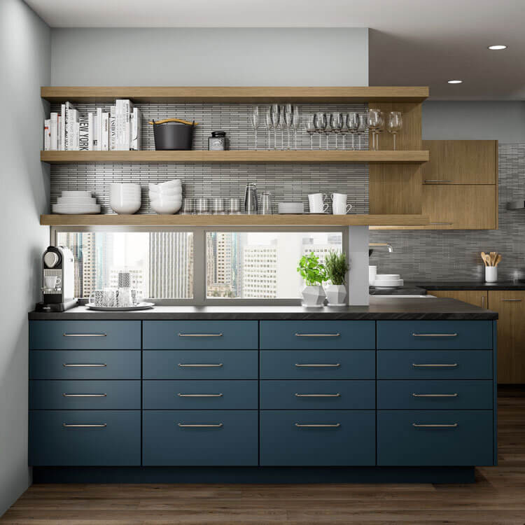 A contemporary kitchen remodel with modern matte cabinetry with a navy blue matte finish.