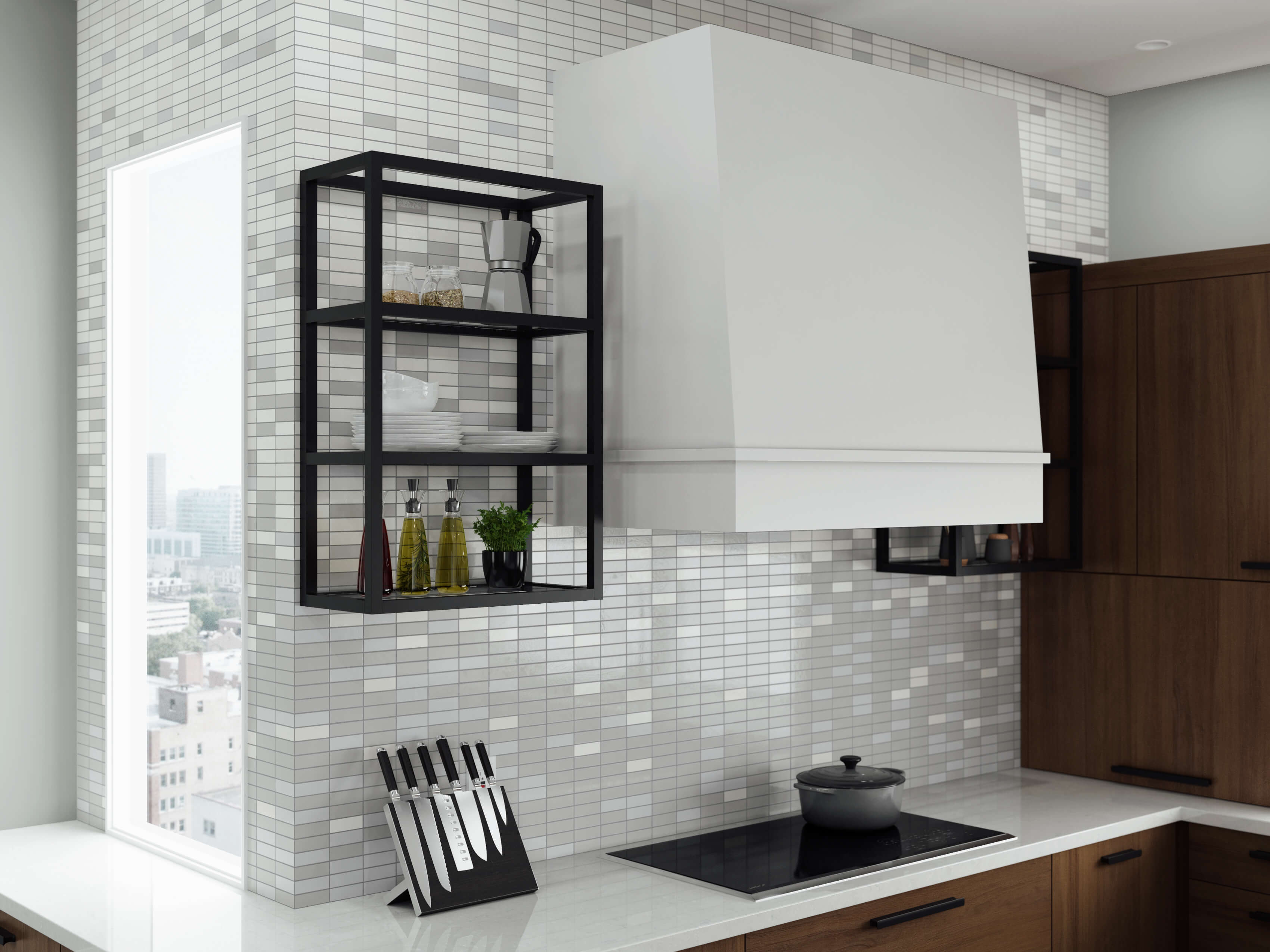 A sleek remodeled kitchen in a city loft had a bright white modern hood with a solid canopy flanked by two black open metal shelves.