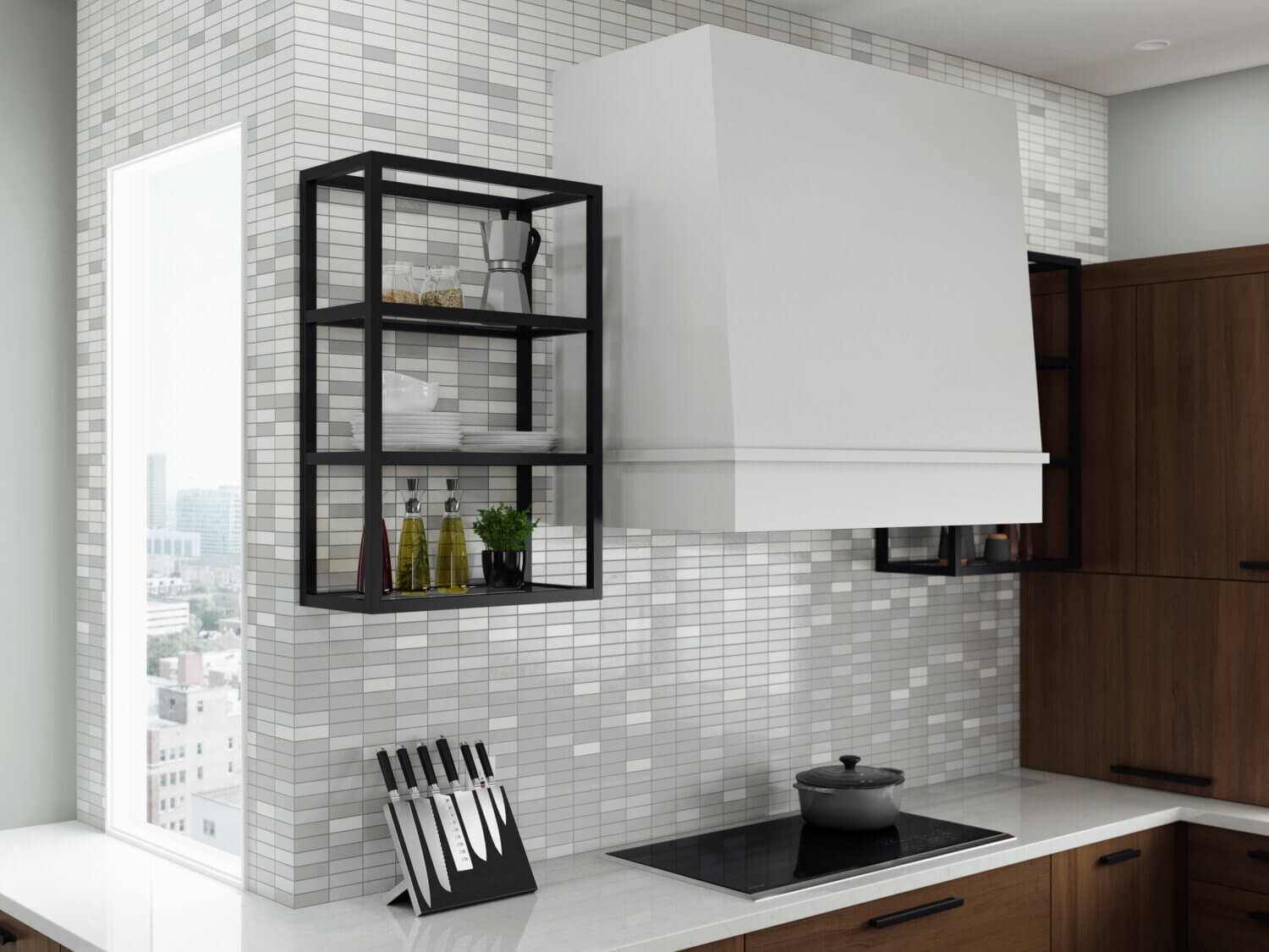 A city kitchen is remodeled with frameless cabinets, open metal shelves, and a white wood hood with a modern style.