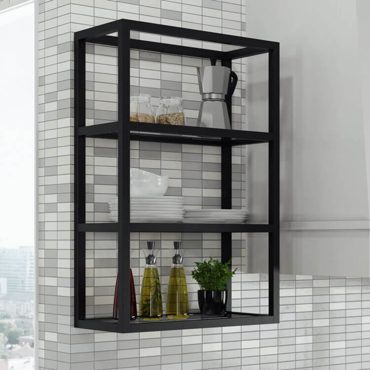 A close up of the open metal shelves around the cooking area in the kitchen with a matte black finish.