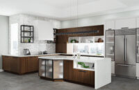 A urban city loft kitchen with walnut cabinets, a white painted modern wood hood, matte black metal cabinet doors, and floating shelves create an industrial look.