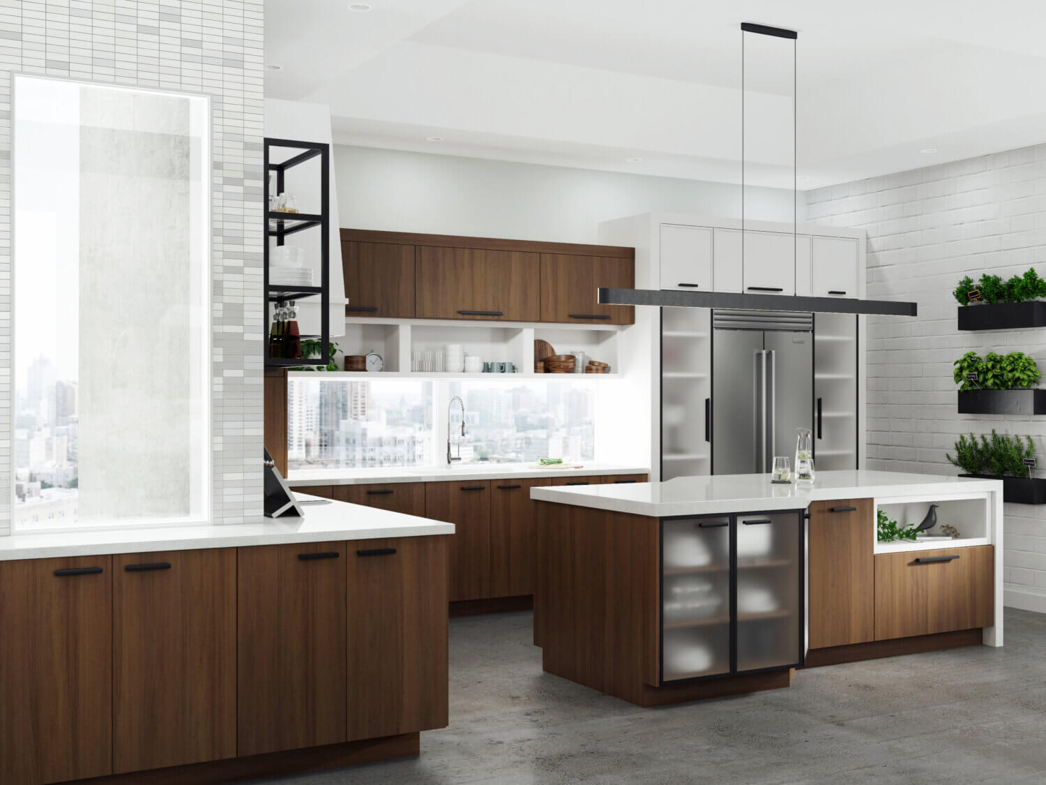 A city loft is remodeled with an angled kitchen island with black metal framed cabinet doors and walnut veneer cabinets.