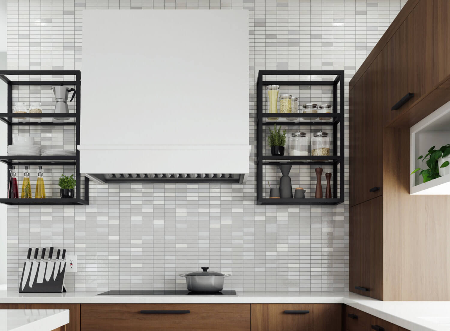 A bright white modern wood hood with a full wall backsplash and two open metal shelves in a matte black finish.