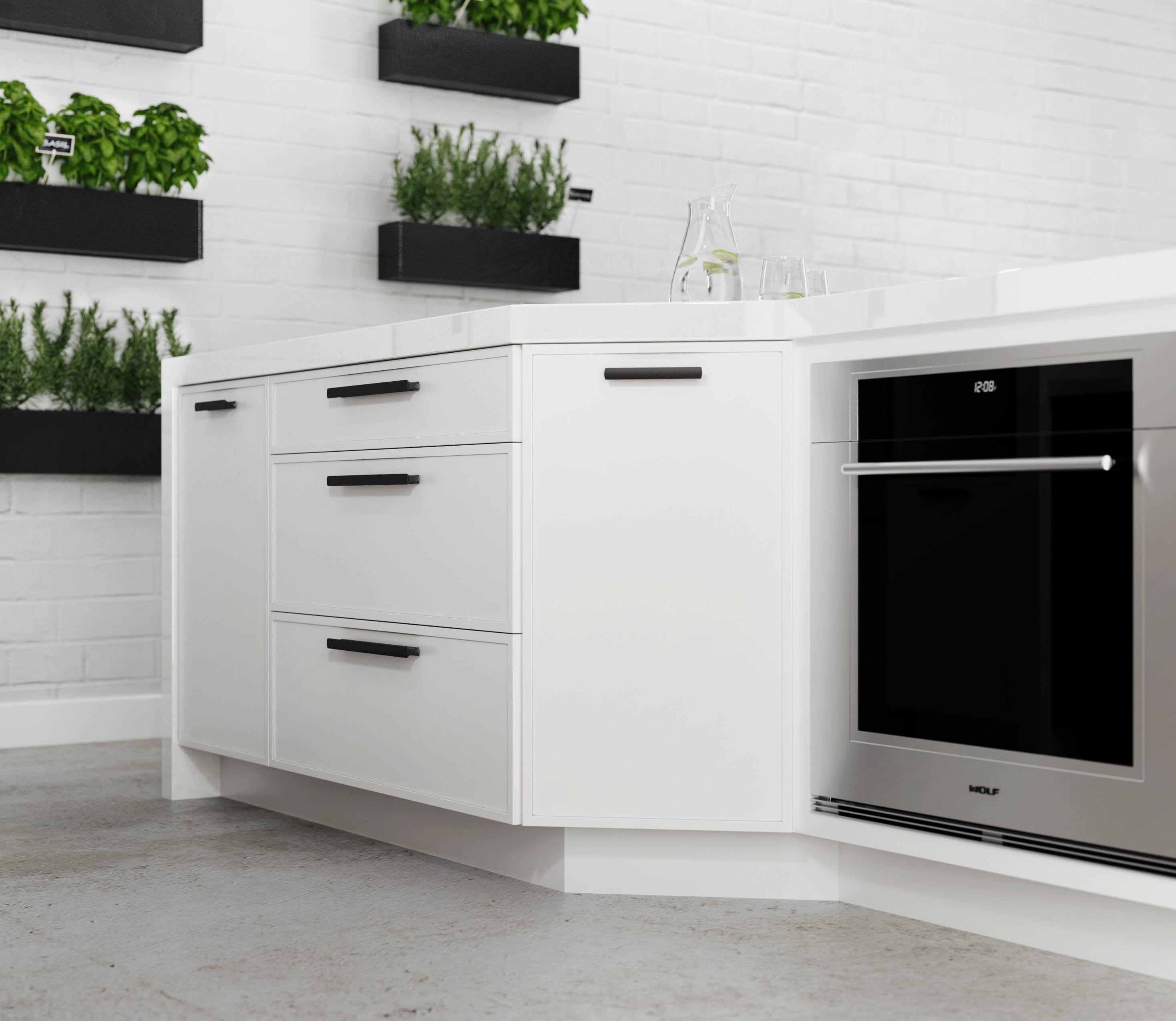 A white painted kitchen island in a modern kitchen with a skinny shaker door style.