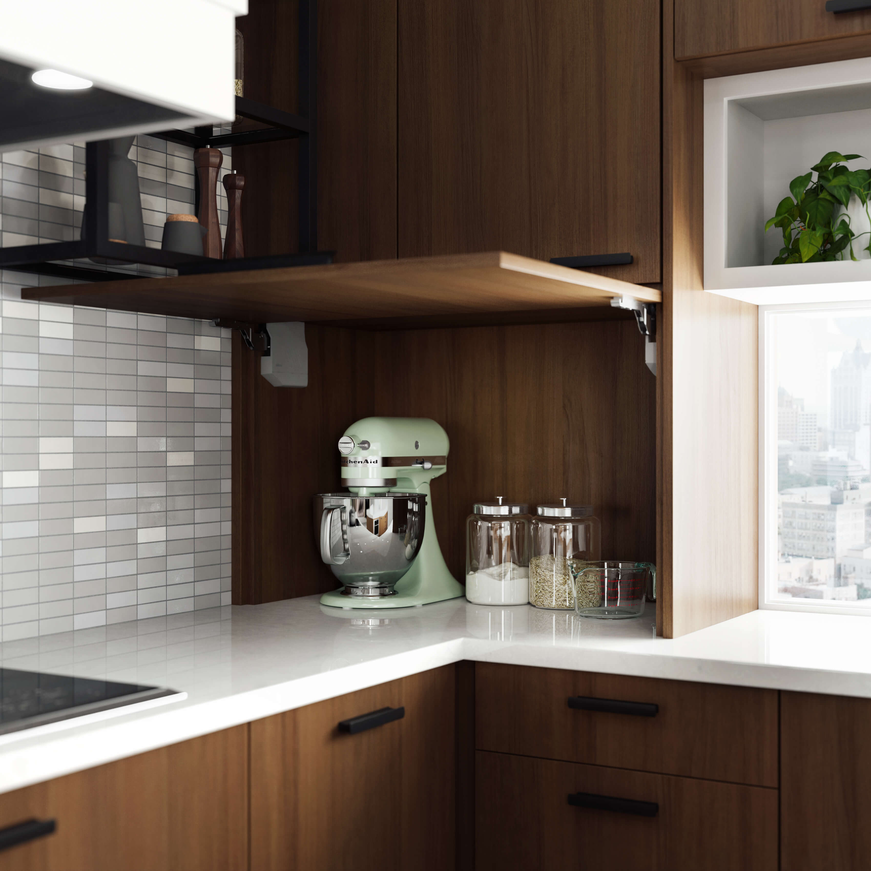 A counter-sitting cabinet in a modern city kitchen has a lift-up cabinet door that reveals the hidden small countertop appliances and supplies.