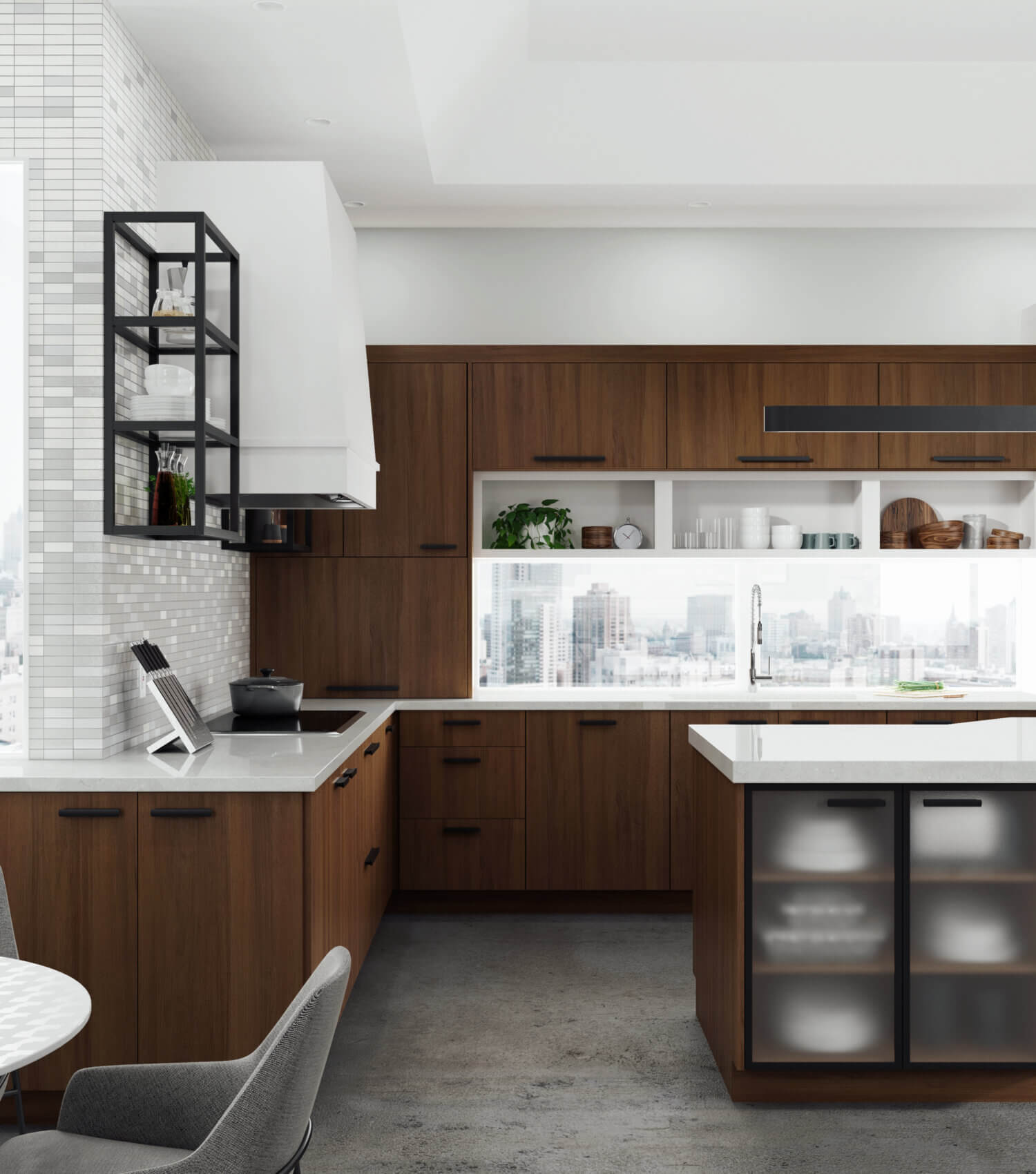 A modern loft that was remodeled with frameless cabinets from Dura Supreme with walnut veneer, a white modern hood and black metal shelves.