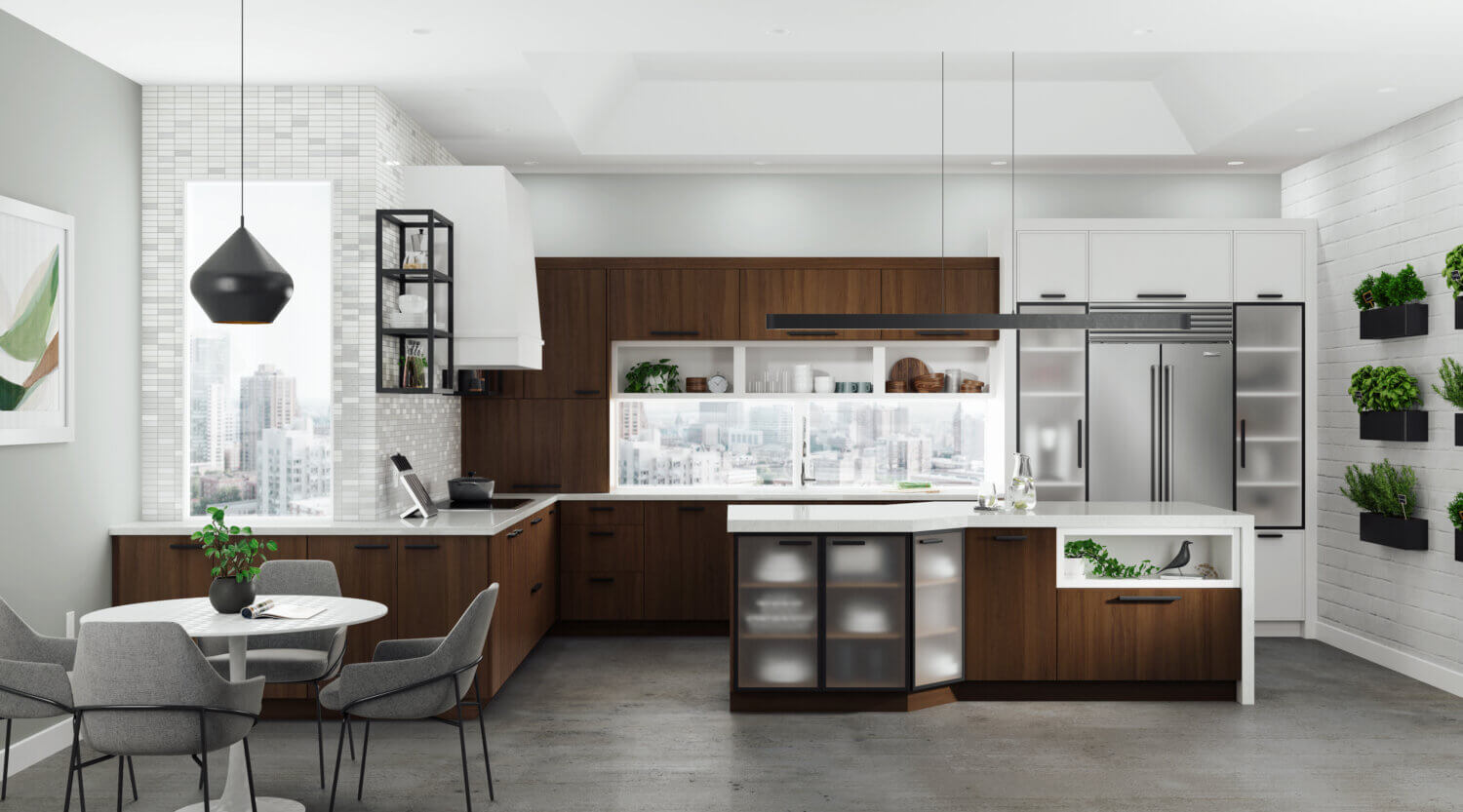 A urban city loft kitchen with walnut cabinets, a white painted modern wood hood, matte black metal cabinet doors, and floating shelves create an industrial look.