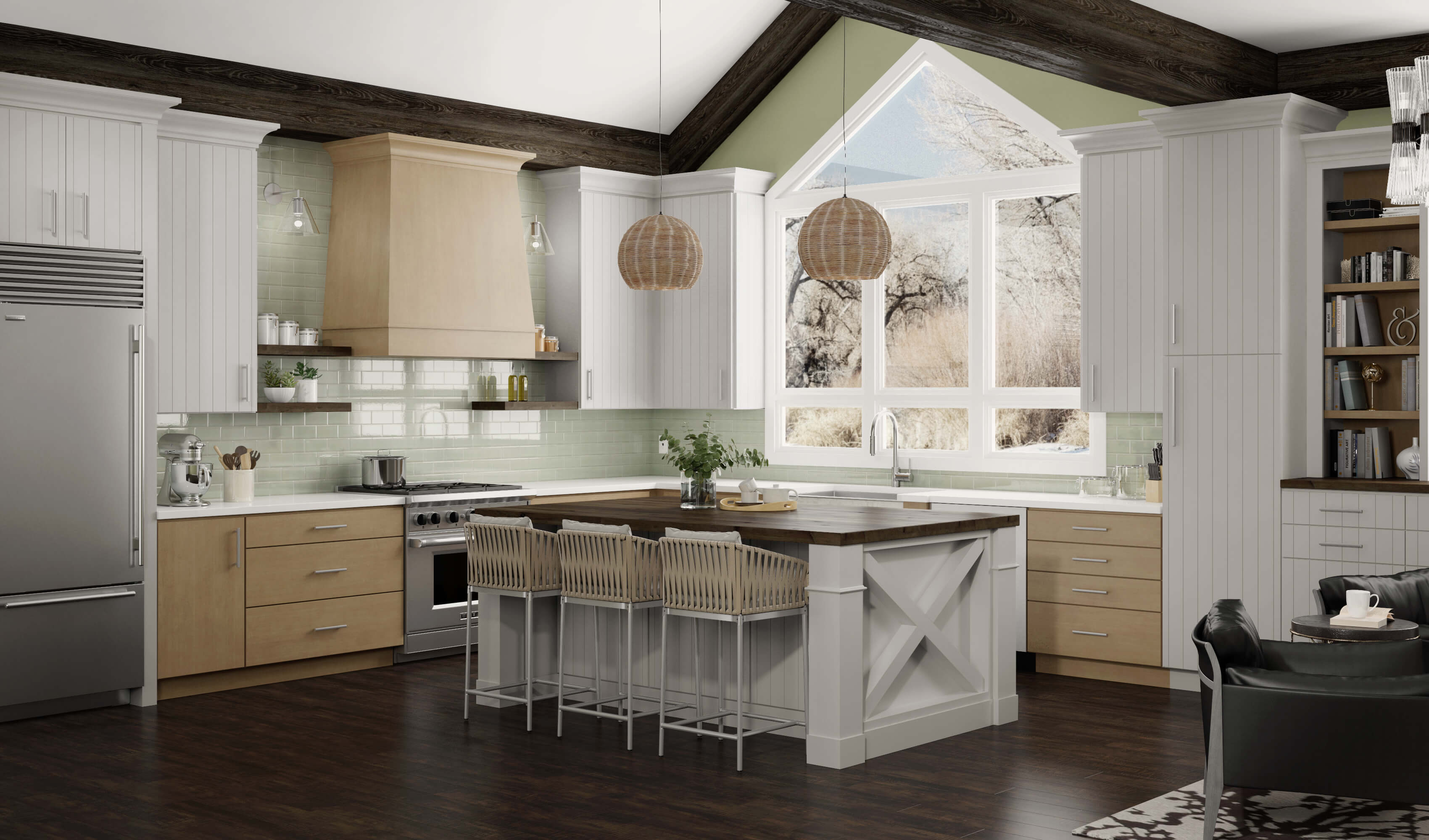 This new home features a scani style look using a shiplap slab door style in an off-white, light gray painted finish contrasted by ligth stained maple wood cabinets and modern wood hood. The kitchen island has seating for three, a wood countertop, and a grand x patterned end cap with decorative columns for posts.