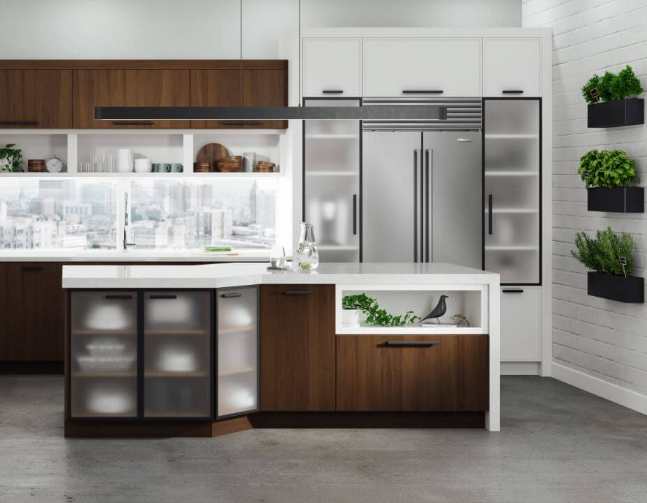 A urban city loft kitchen with walnut cabinets, a white painted modern wood hood, matte black metal cabinet doors, and floating shelves create an industrial look.