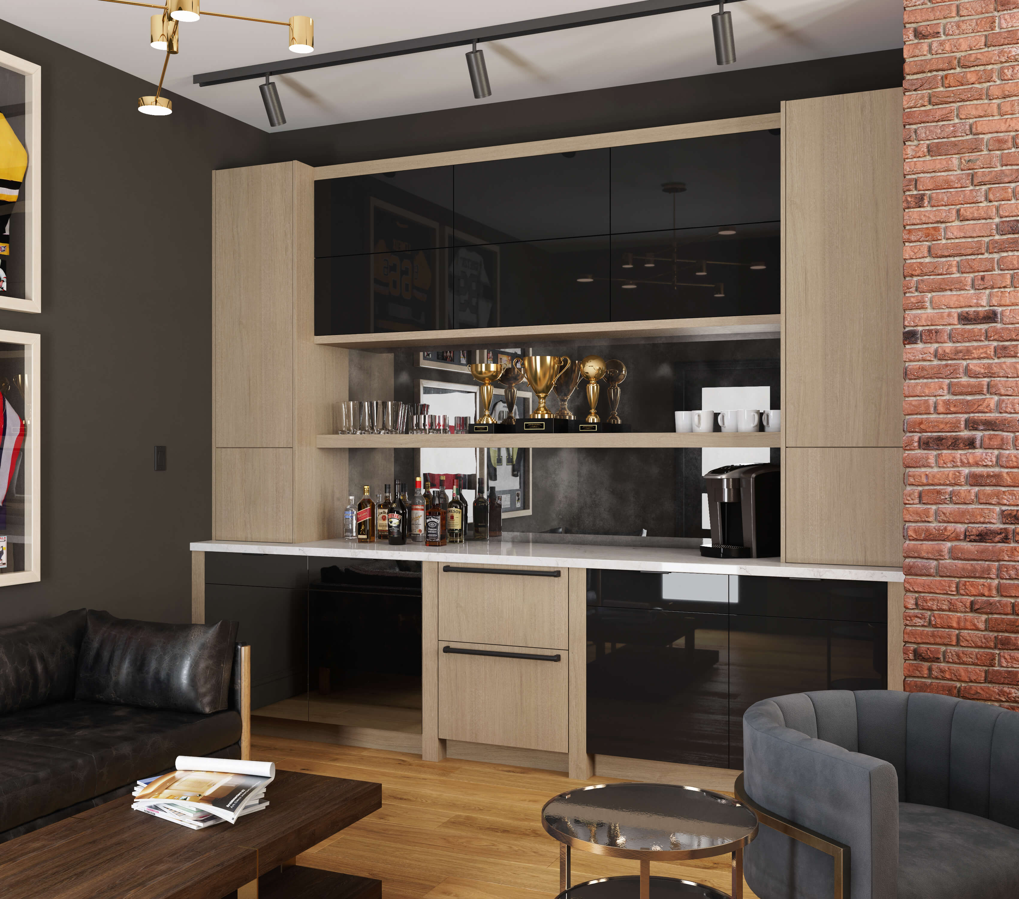 A modern home office with a wet bar area in an urban area with contemporary acrylic and white oak cabinets.