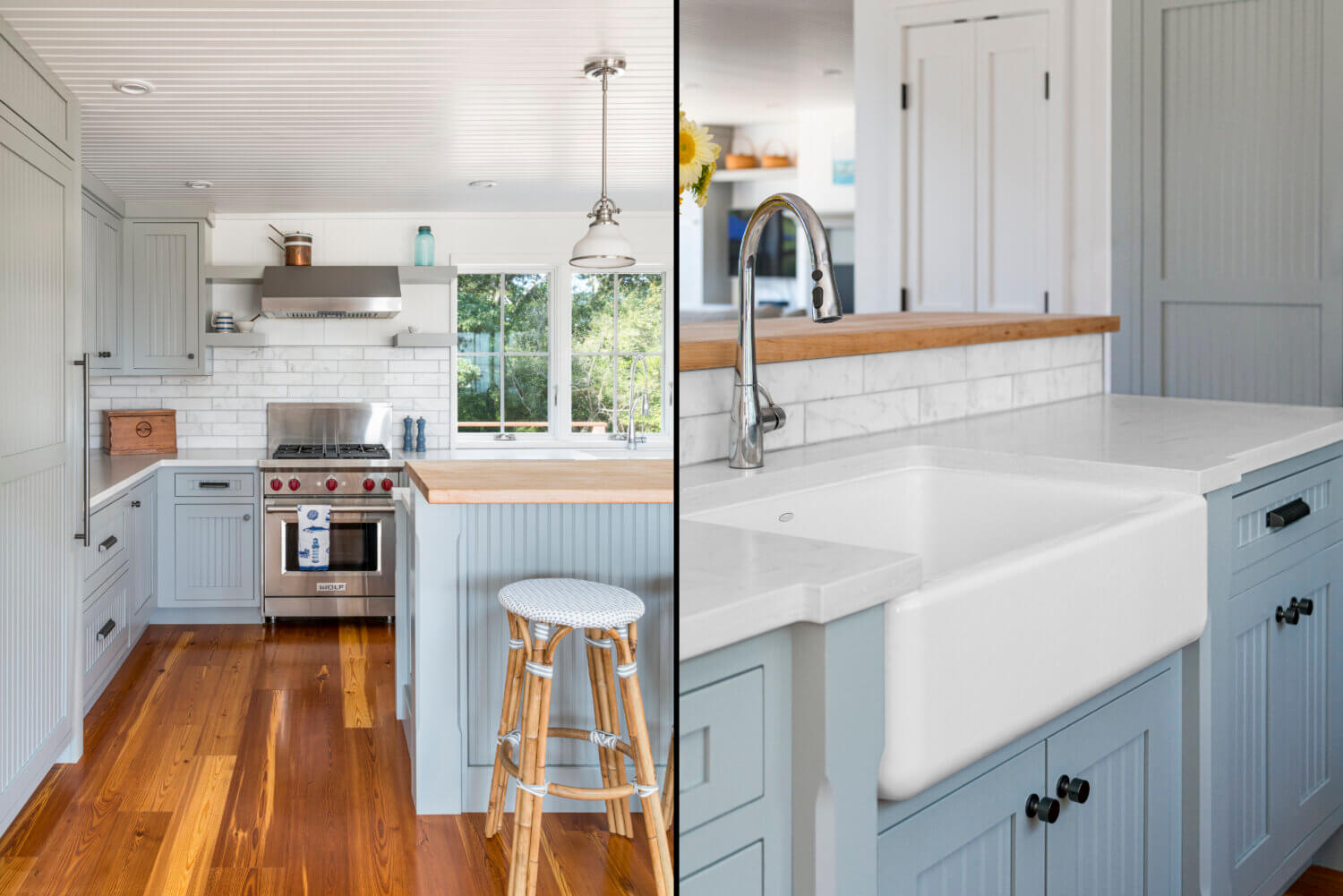 This photo collage shows the full view of the cottage style kitchen with gray cabinets on the left and a close up of the shaker cabinets with a cottage beaded panel around an farmhouse sink.