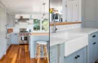 This photo collage shows the full view of the cottage style kitchen with gray cabinets on the left and a close up of the shaker cabinets with a cottage beaded panel around an farmhouse sink.