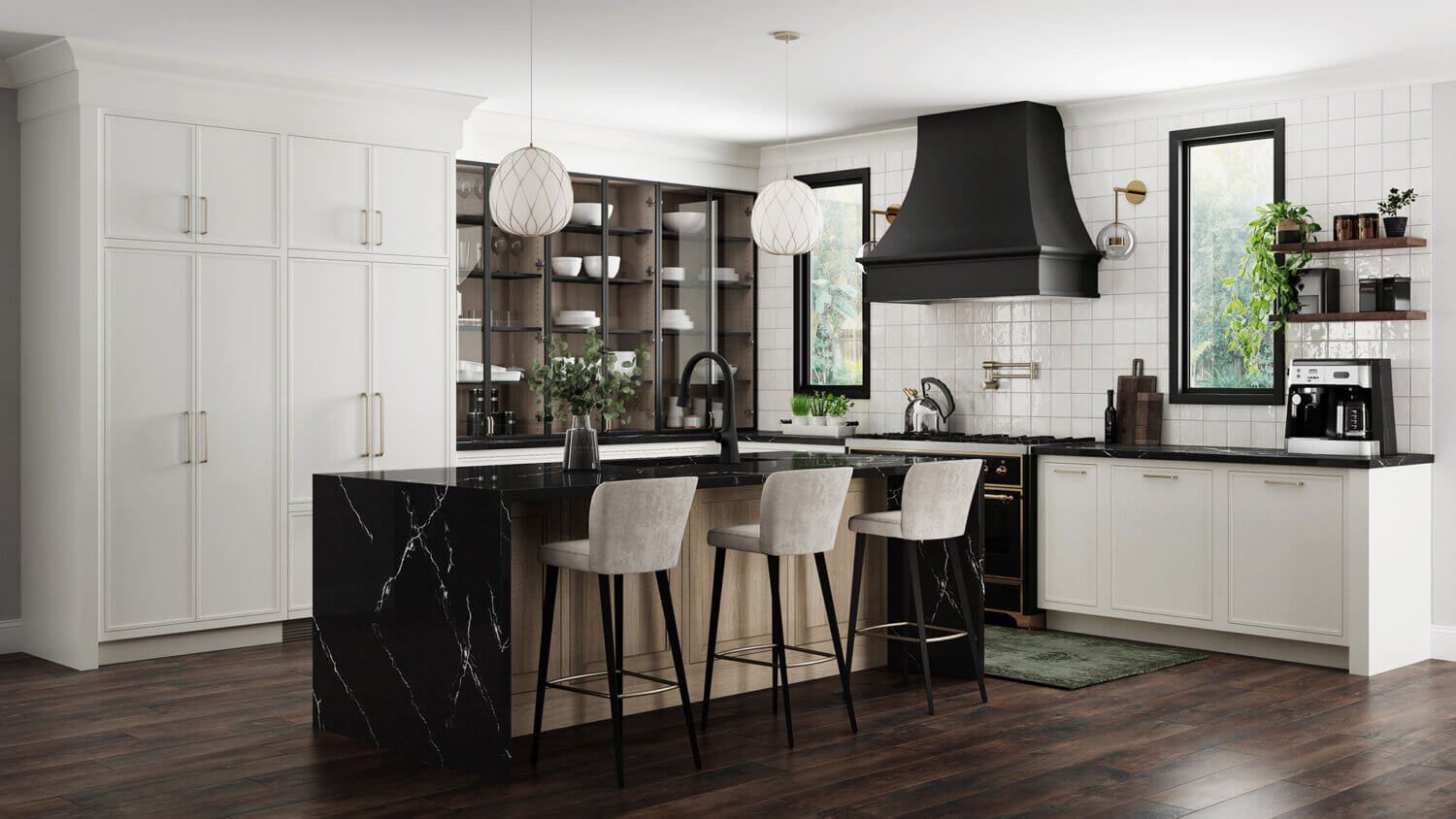 This kitchen design features a skinny shaker door style with thin rails and stiles using inset cabinets. The cabinetry colors combine matte back metal glass cabinet doors, with an off-white paint, and a light stained white oak.
