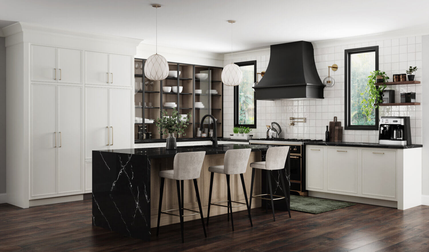 This alluring kitchen design features a skinny shaker door style with thin rails and stiles using inset cabinets. The cabinetry colors combine matte back metal glass cabinet doors, with an off-white paint, and a light stained white oak. A black painted curved hood creates a beautiful feature above the cooktop.