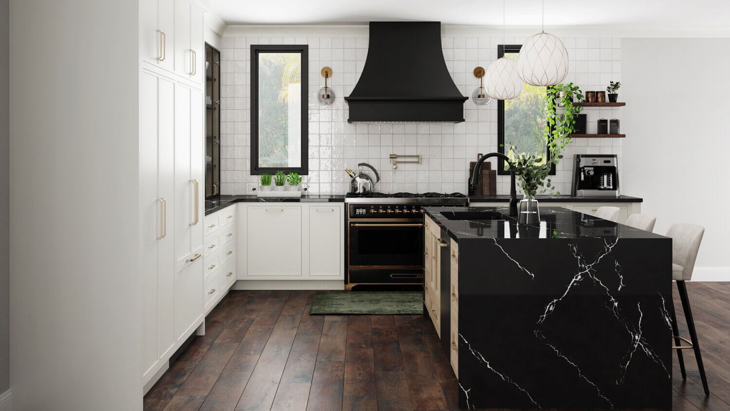 This alluring kitchen design features a skinny shaker door style with thin rails and stiles using inset cabinets. The cabinetry colors combine matte back metal glass cabinet doors, with an off-white paint, and a light stained white oak. A black painted curved hood creates a beautiful feature above the cooktop.