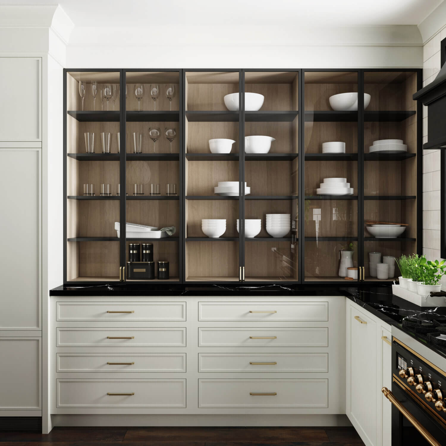 Glass cabinet doors with black metal door frames on white painted cabinets with a white oak cabinet interior and brass hardware. This black and white kitchen uses a beautiful shaker door style with thin rails and stiles with inset cabinets from Dura Supreme Cabinetry.