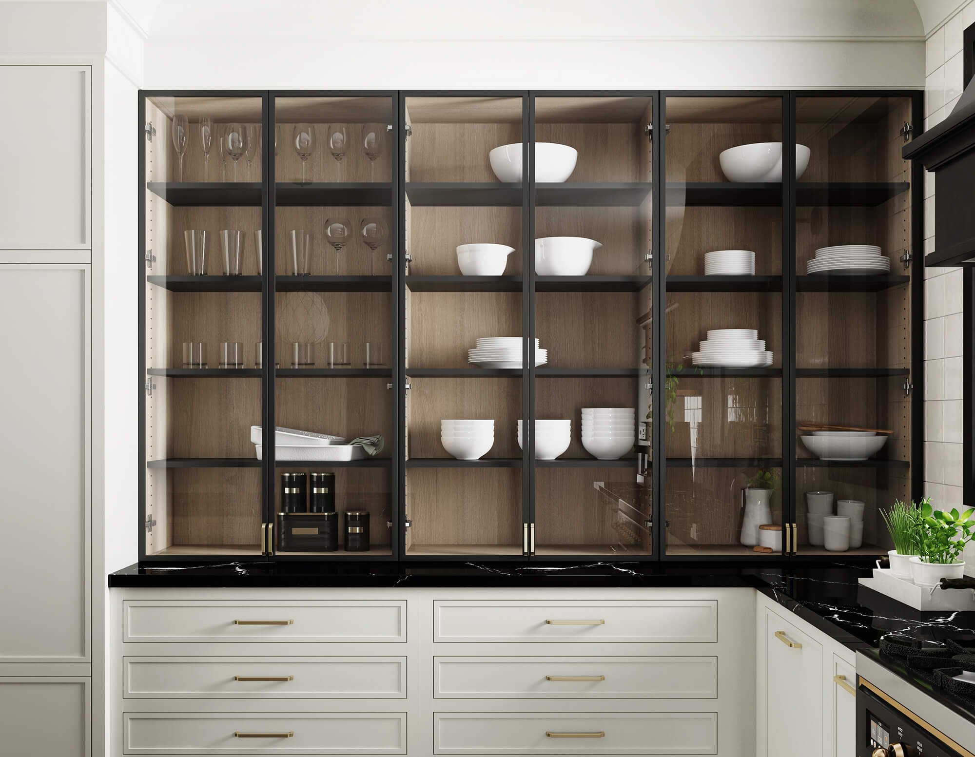 Glass cabinet doors with black metal door frames on white painted inset cabinets with a white oak cabinet interior, a skinny shaker style, and brass hardware.