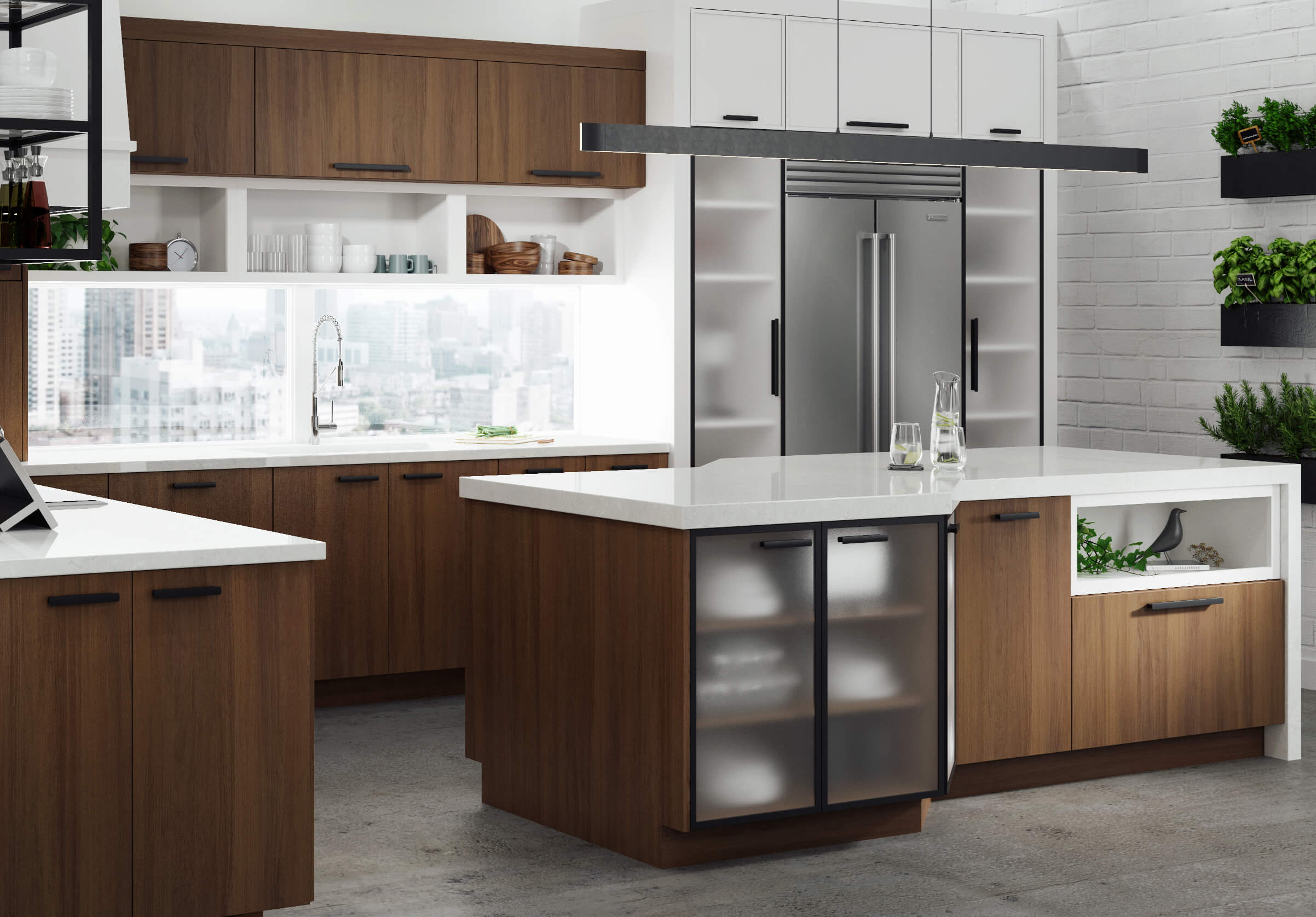 A city loft is remodeled with an angled kitchen island with black metal framed cabinet doors and walnut veneer cabinets.