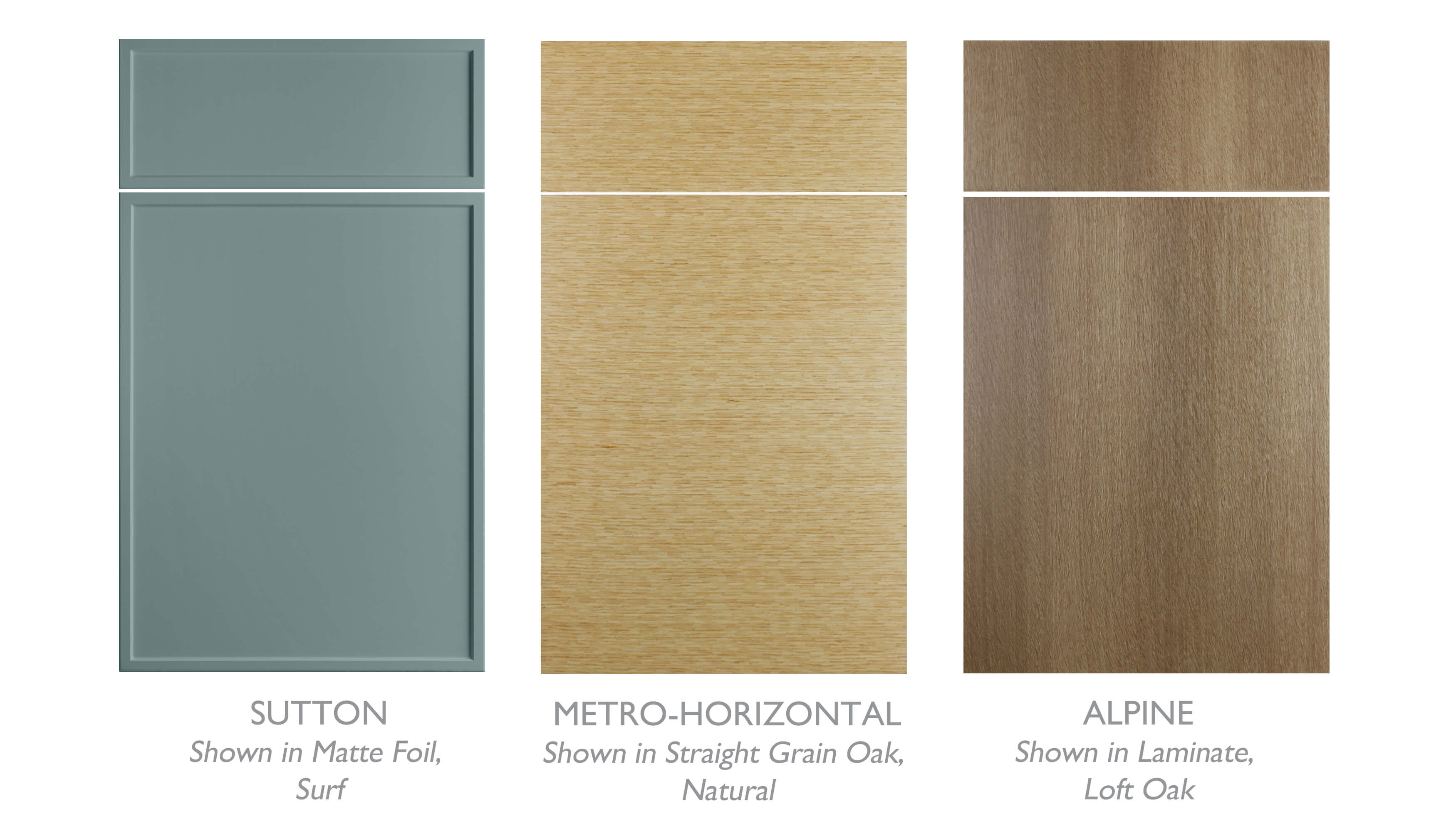 Asian Zen style cabinet door styles from Dura Supreme Cabinetry. Sutton in Surf Matte Foil, Metro-Horizontal in Straight Grain Oak Natural, and Alpine in Loft Oak Laminate.