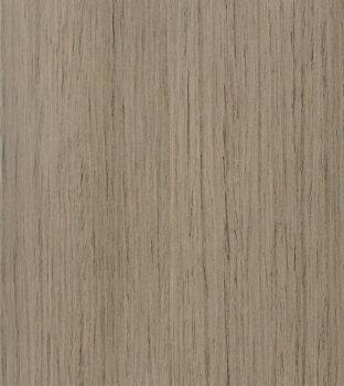 This finish color for exotic Straight Grain Oak veneer kitchen & bath cabinets is shown in the Cashew stained finish by Dura Supreme Cabinetry. A light to medium stain color with a brown-gray undertone with a very consistent grain pattern.