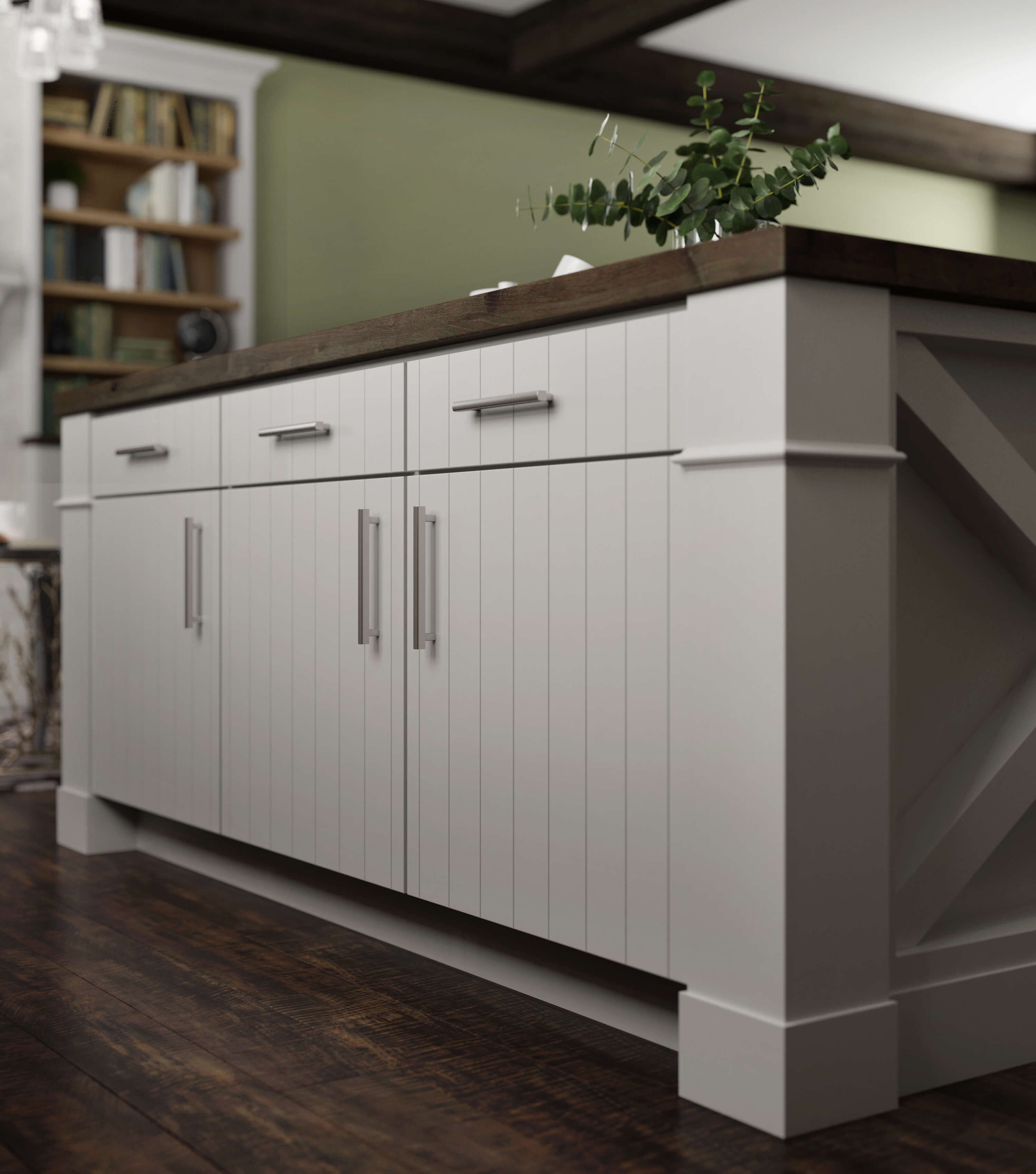 This new home features a scani style look using a shiplap slab door style in an off-white, light gray painted finish contrasted by ligth stained maple wood cabinets. The kitchen island has seating for three, a wood countertop, and a grand x patterned end cap with decorative columns for posts.