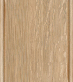 This finish color for Quarter-Sawn White Oak cabinets is shown in the Coriander stained finish by Dura Supreme Cabinetry. A light, raw, natural color with a soft brown undertone that emphasizes the wood grain and character.