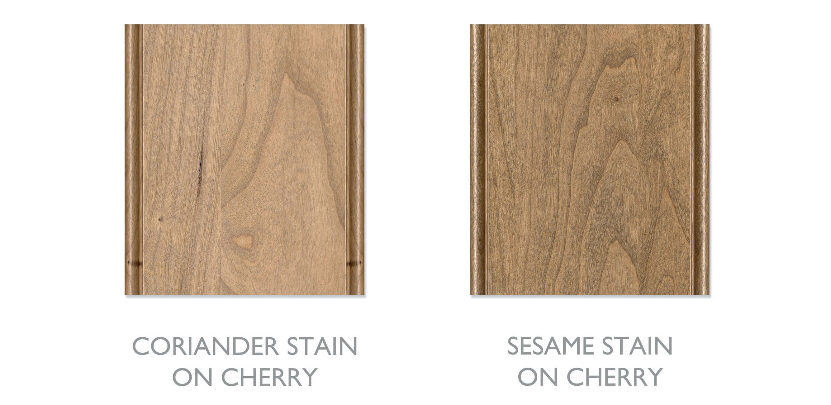 Two examples of raw, light stain colors from Dura Supreme showing Coriander and Sesame stains on Cherry.