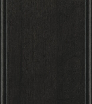 This finish color for rustic Knotty Alder kitchen & bath cabinets is shown in the nearly black Onyx stain by Dura Supreme Cabinetry. Onyx is a dark, transparent, black-hued stain color.
