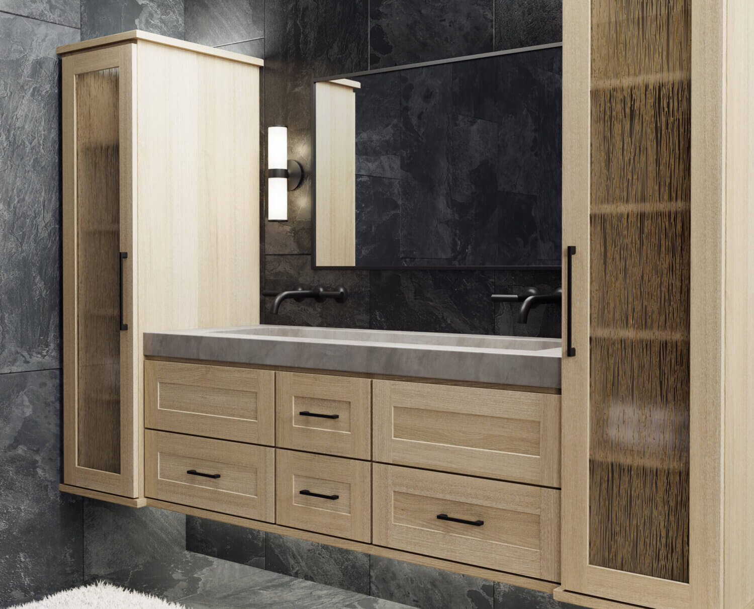 A floating vanity in a contemporary bathroom with a shallow shaker door style in a light raw quarter-sawn white oak color.