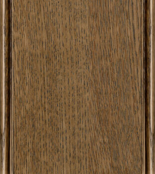 This finish color for Quarter-sawn White Oak kitchen & bath cabinets is shown in the dark Praline stain by Dura Supreme Cabinetry. This dark, rich brown cabinet stain color with true-brown undertone.