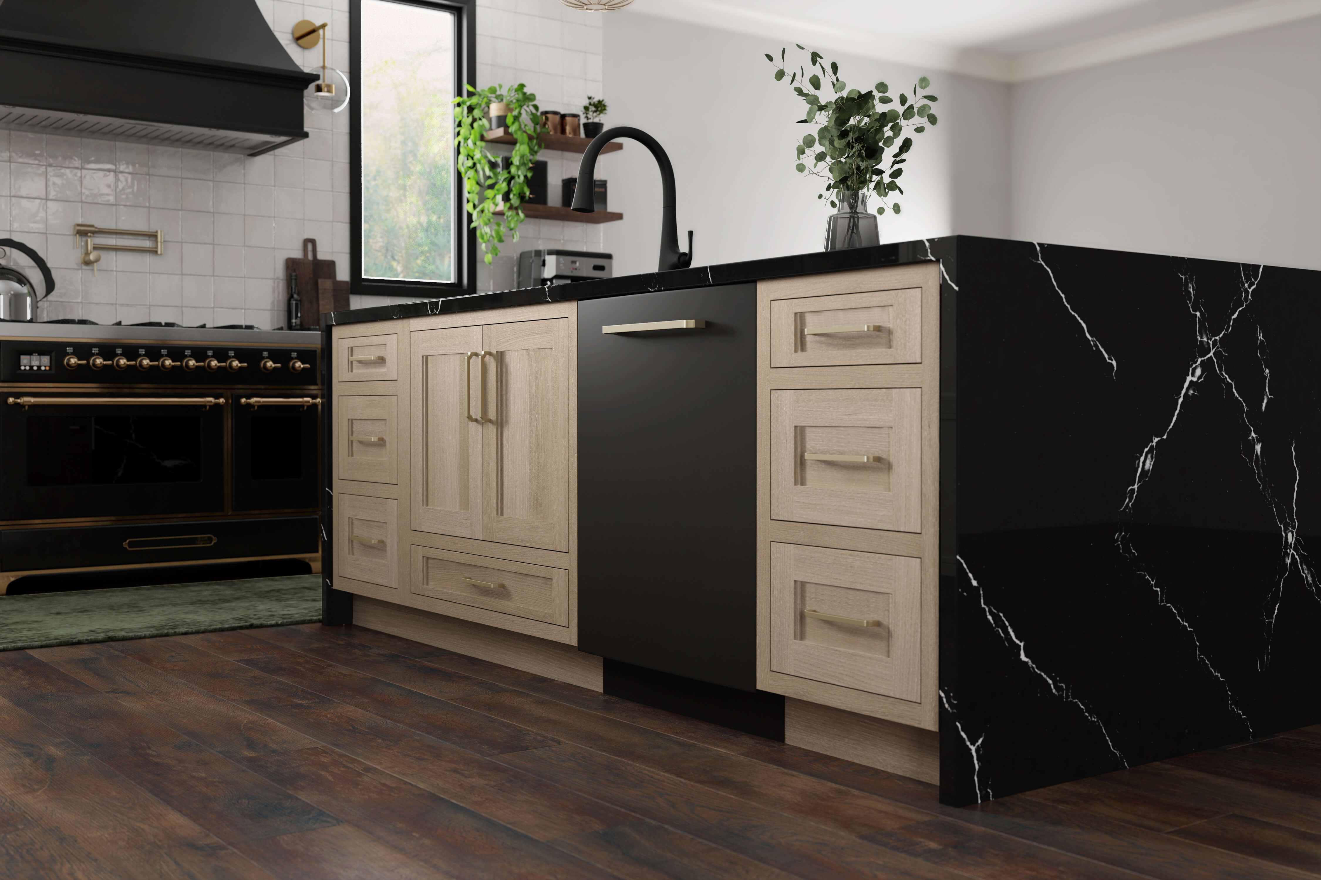 Black, white, and white oak kitchen with a light stained kitchen island with black countertops and appliances.