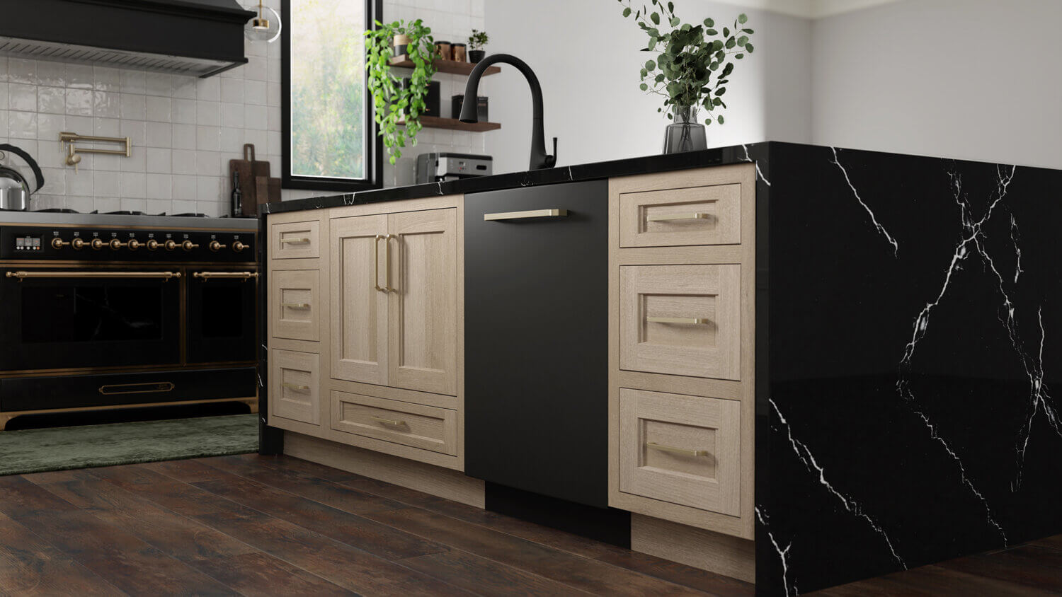 A white oak and white painted kitchen with black accents including a black kitchen appliances, faucets, and countertops.