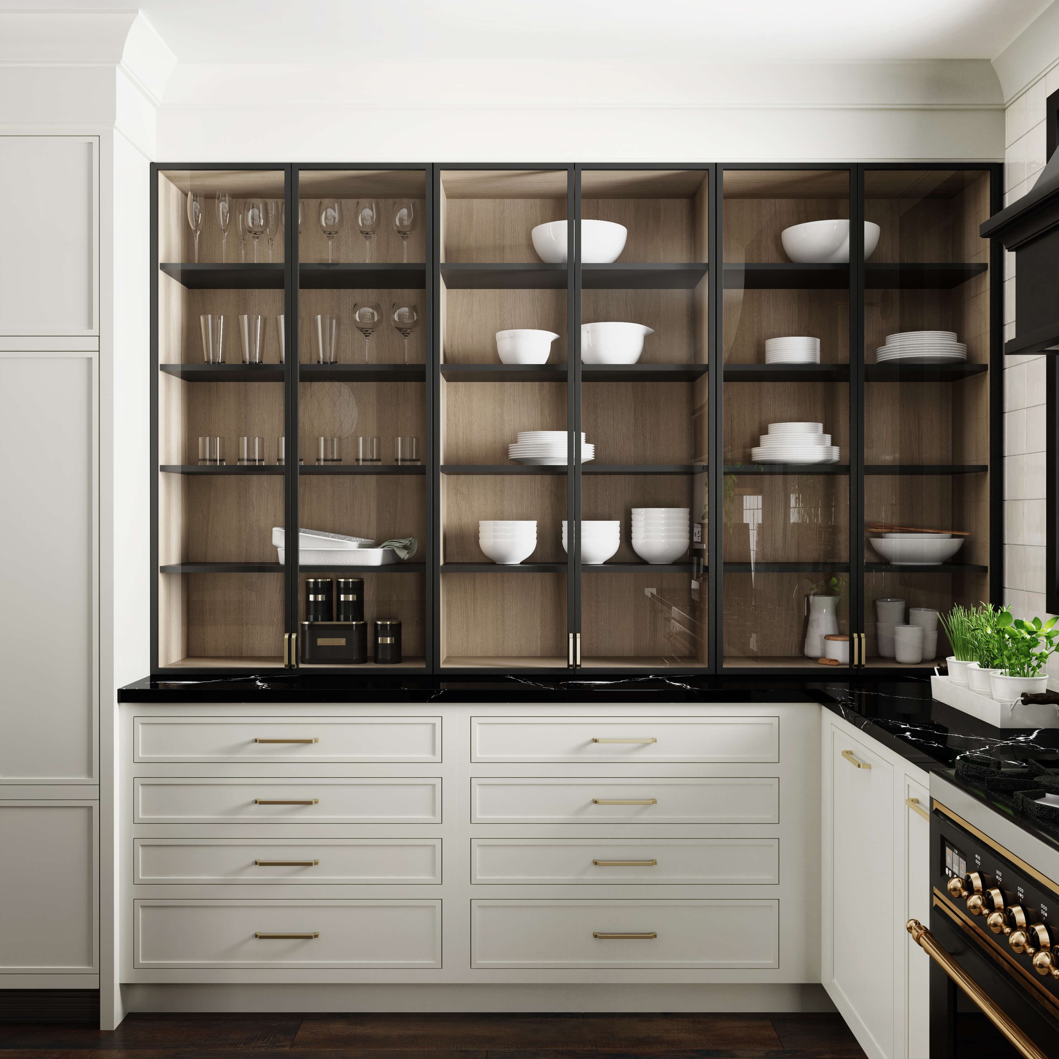White painted inset cabinets contrasted by black framed metal cabinet doors with glass inserts.
