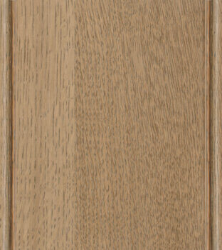 This finish color for Quarter-Sawn White Oak kitchen & bath cabinets is shown in the raw Sesame stain by Dura Supreme Cabinetry. This light to medium cabinet color as a beautiful brown-gray undertone.