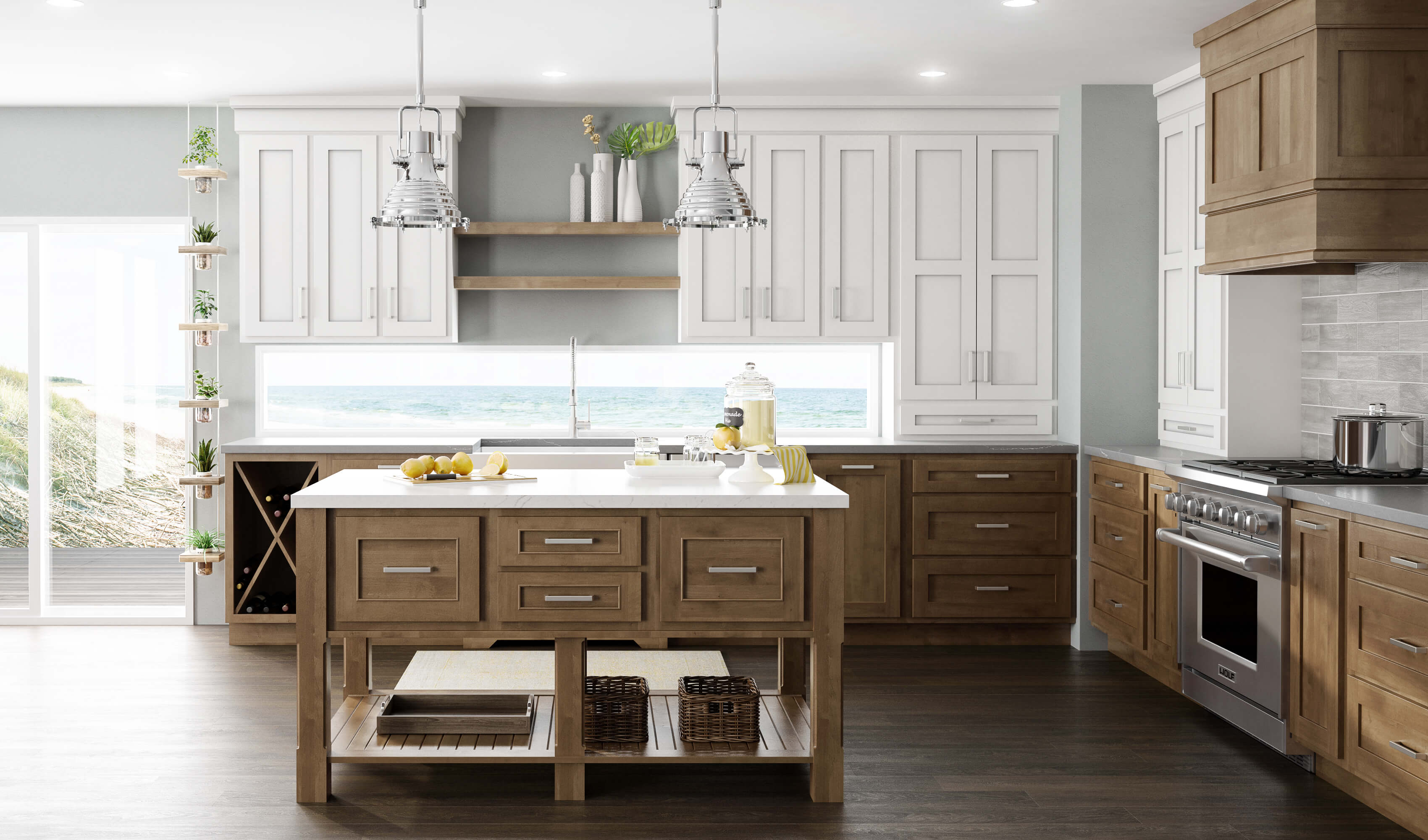 A beach style kitchen with two tone cabinets from Dura Supreme with traditional overlay cabinet doors. A backsplash window looks out to the beachy coastal view. A light stained Knotty Alder kitchen island as a table like design and a large floor shelf for storing decor, serveware and other kitchen supplies.