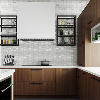 A sleek contemporary kitchen with a white modern wood hood, matte black open metal shelves, and walnut veneer cabinets.