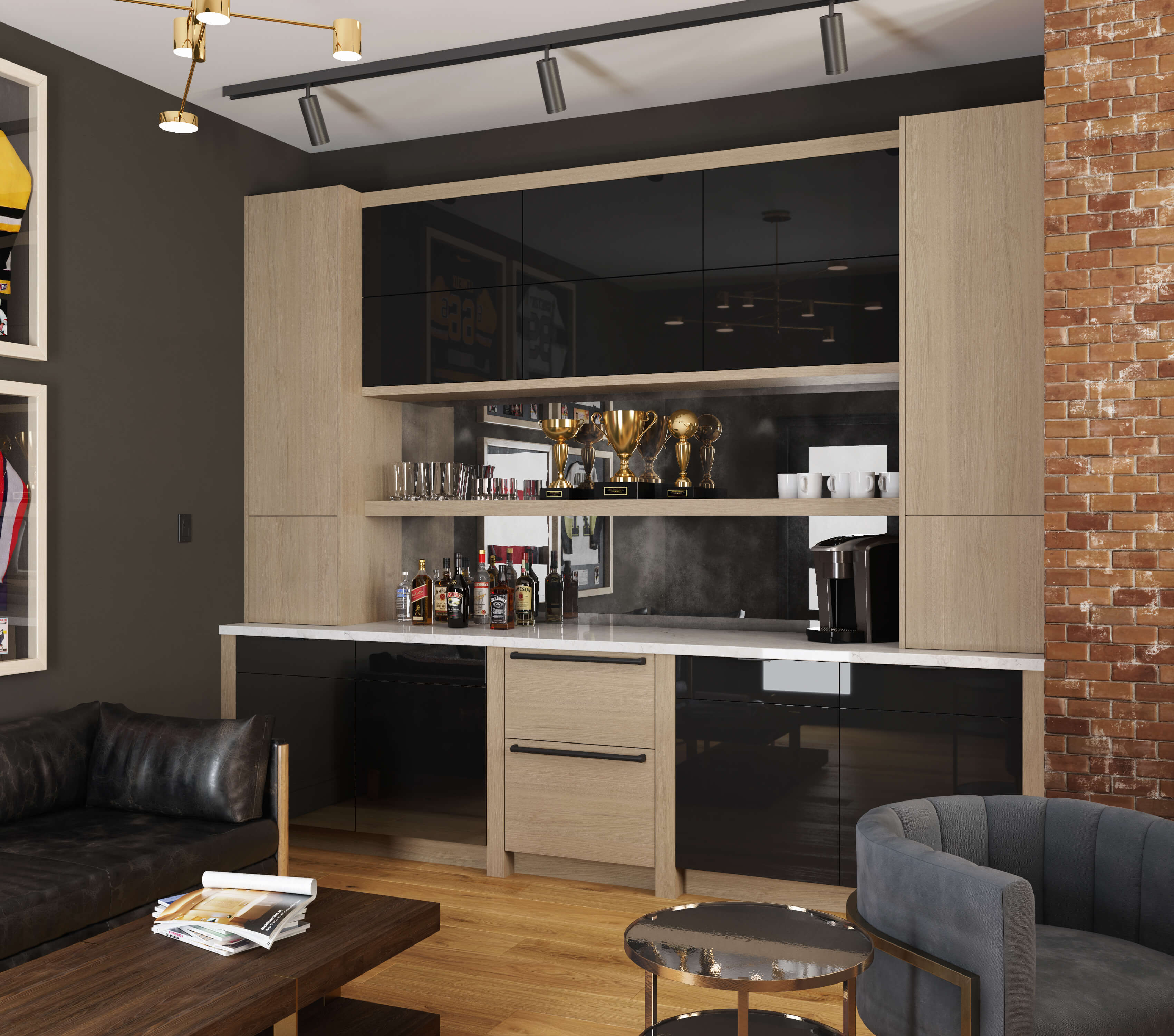 This urban home office combines ultra modern and industrial inspired details. This wet bar area in the office entertains company in a classy way. The bevrage station features high gloss black acrylic cabinet doors contrasted by a light stained quarter-sawn white oak cabinets. the slab cabinet door styles create a sleek and modern look. The mirror backsplash complements the glossy cabinet finishes.