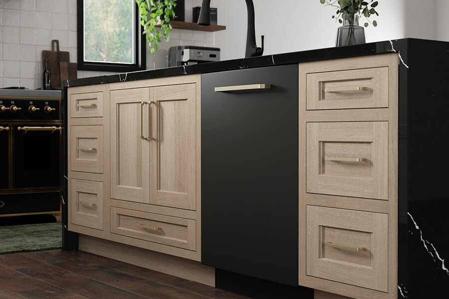 A beautiful white oak kitchen island with a unique flat panel door style from Dura Supreme and black accents.