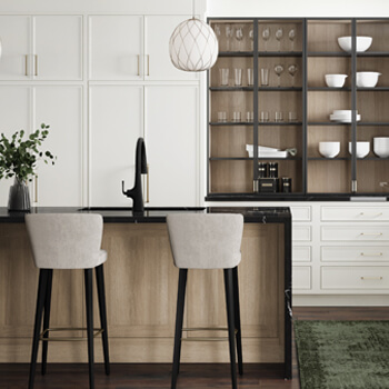 A beautiful trendy kitchen design with white cabinets and metal black framed cabinet doors.