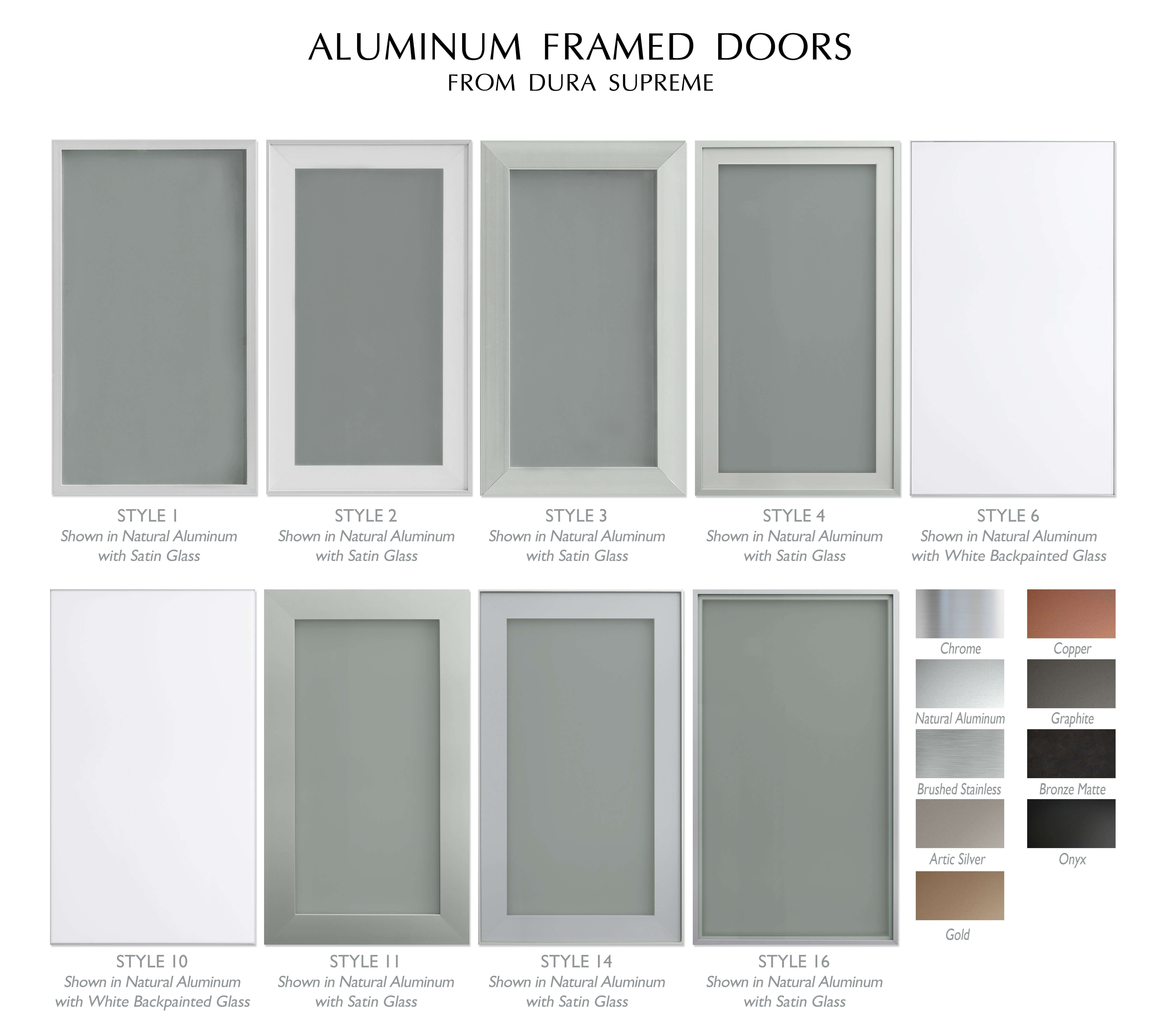 Dura Supreme Cabinetry Aluminum Framed Cabinet doors showing the collection of door style options and metal finish colors.