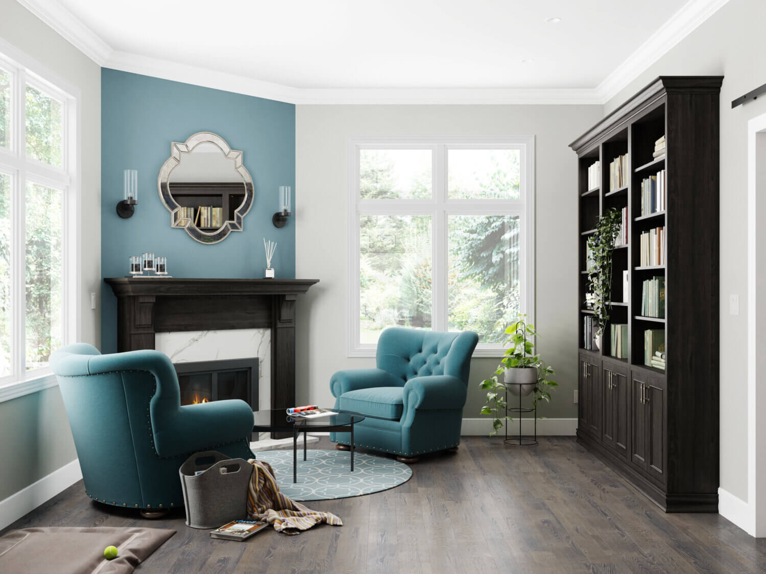 A black stained fireplace mantel and book case from Dura Supreme Cabinetry.