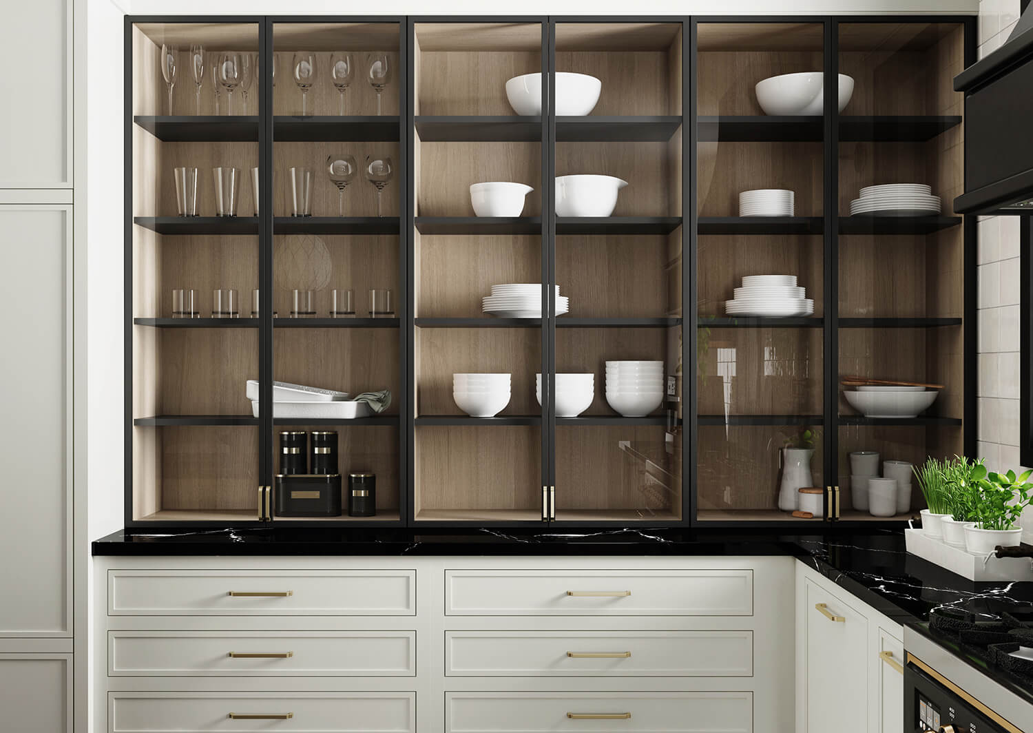 Glass cabinet doors with black metal door frames on white painted cabinets with a white oak cabinet interior and brass hardware. This black and white kitchen uses a beautiful shaker door style with thin rails and stiles with inset cabinets from Dura Supreme Cabinetry.