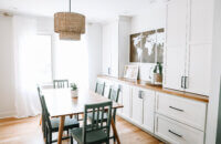 A dining room with built-in white painted cabinets with a wood top counter and 2 tall towers for additional dining room storage and space for homework supplies.