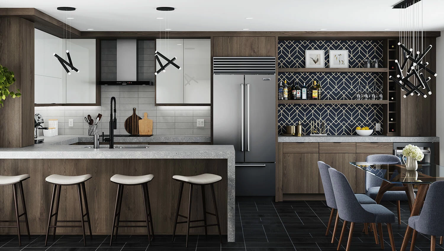 The slab, Camden door style in Red Oak has a dramatic wood grain appeal. Paired with a high-gloss acrylic, this combination of cabinetry creates a polished contemporary design. 