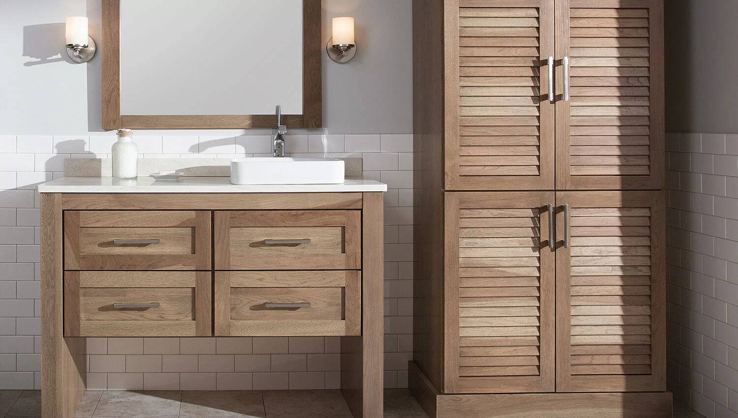 Dura Supreme’s STYLE SIX furniture series is designed to create a sleek, minimalist appeal. Bookended on both sides and across the top, a set of doors and/or drawers are suspended beneath the countertop. This vanity was designed to have the optional no shelf below the cabinets which exposes more of the flooring making a small room feel more expansive.