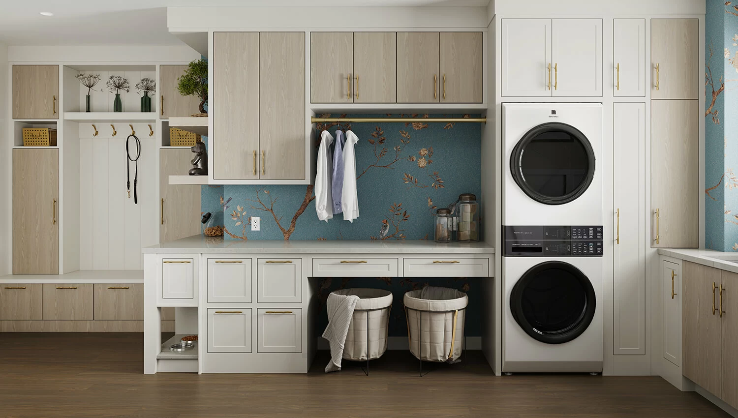The two-toned cabinets in this cheerful laundry room showcase the Aiden – Vertical slab door style in the “Pesaro” Sculpted TFL finish, along with the Paris – Inset shallow shaker door style in the “Mushroom” paint finish. This is a great example of using true-brown contemporary finishes instead of traditional wood cabinets. 