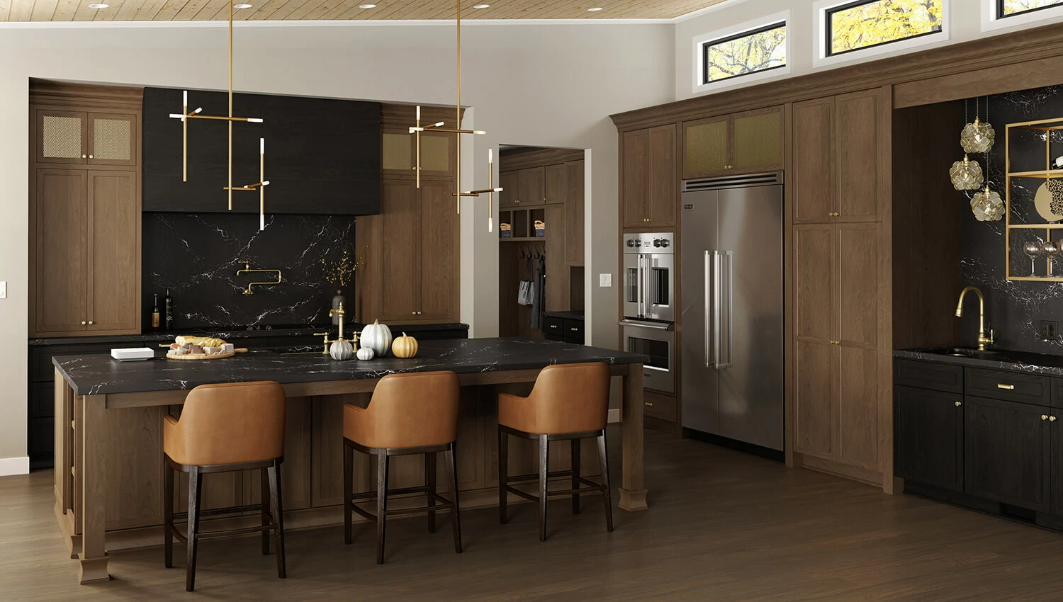 This kitchen features two-toned stained cabinetry in the black “Onyx” stain and a true-brown, Cashew stain on the Cherry wood species in the Paris Inset and Full Overlay door style. 